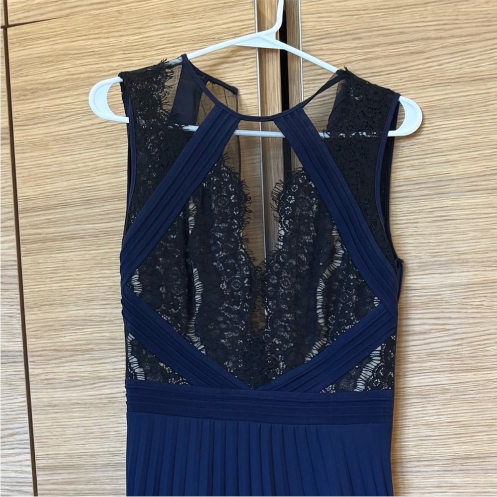 Xscape Navy Lace Halter Pleated Maxi Dress